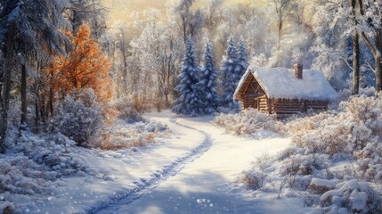 Obraz premium Snow-covered cabin in a winter forest.