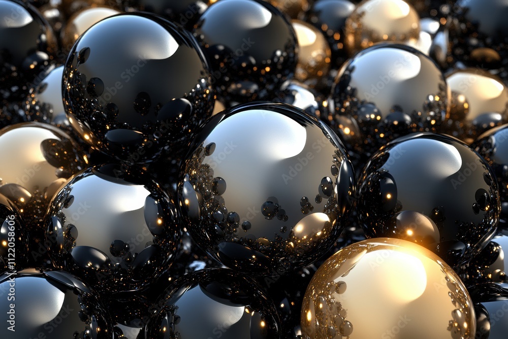 Aufkleber a vibrant composition features numerous shiny spheres in varied sizes with dark and gold hues, creat