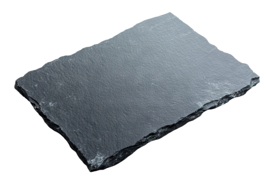 Rectangular black slate slab with a rugged surface and natural edges, isolated on transparent cutout background