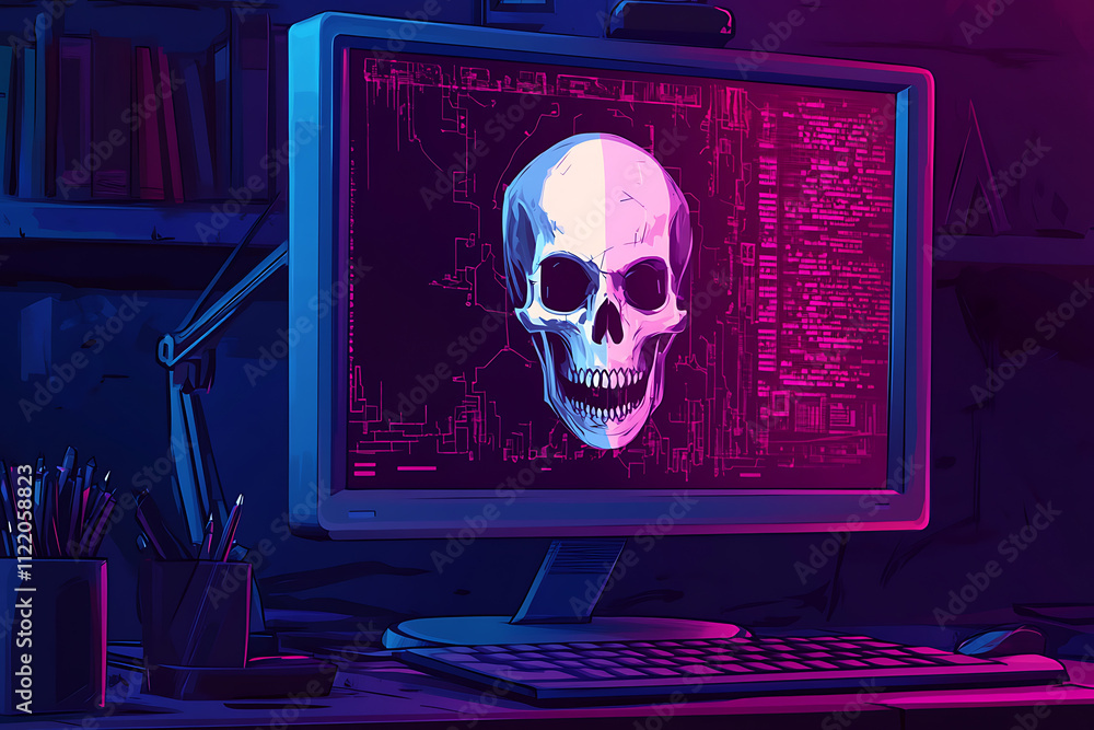 Poster a digital scene featuring a skull graphic on a computer screen, set in a dimly lit workspace.