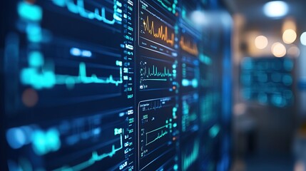 Digital graphs on screens in high-tech server room