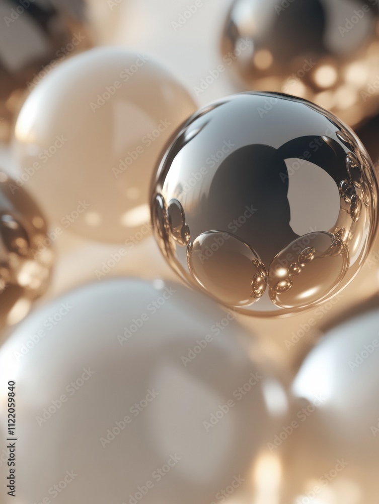 Poster reflective spheres in soft hues create an elegant composition, offering versatile copy space for des