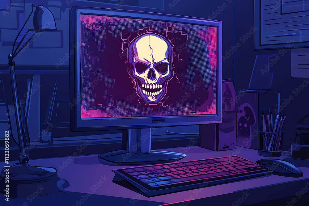 Aufkleber a computer setup featuring a glowing skull graphic on the monitor in a dimly lit room.
