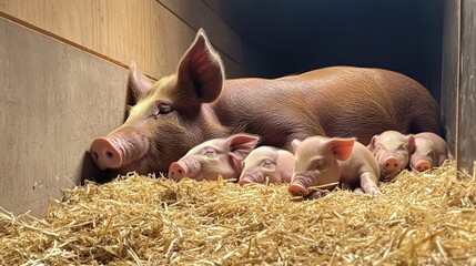 Sow pig nursing piglets in hay.
