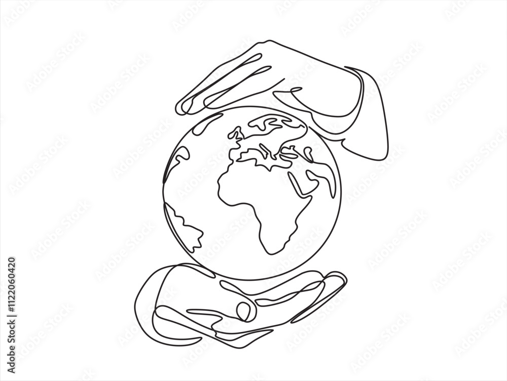 Poster one continuous line drawing of hands hold earth globe. world environment day poster in simple linear