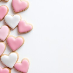 Obraz premium Heart-shaped pink and white cookies arranged on a white background, perfect for Valentine's Day themes or romantic celebrations, with ample copy space on the right, AI
