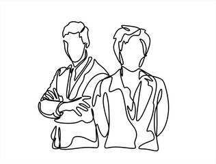 continuous one line drawing of business people, businesswoman and businessman line art vector illustration