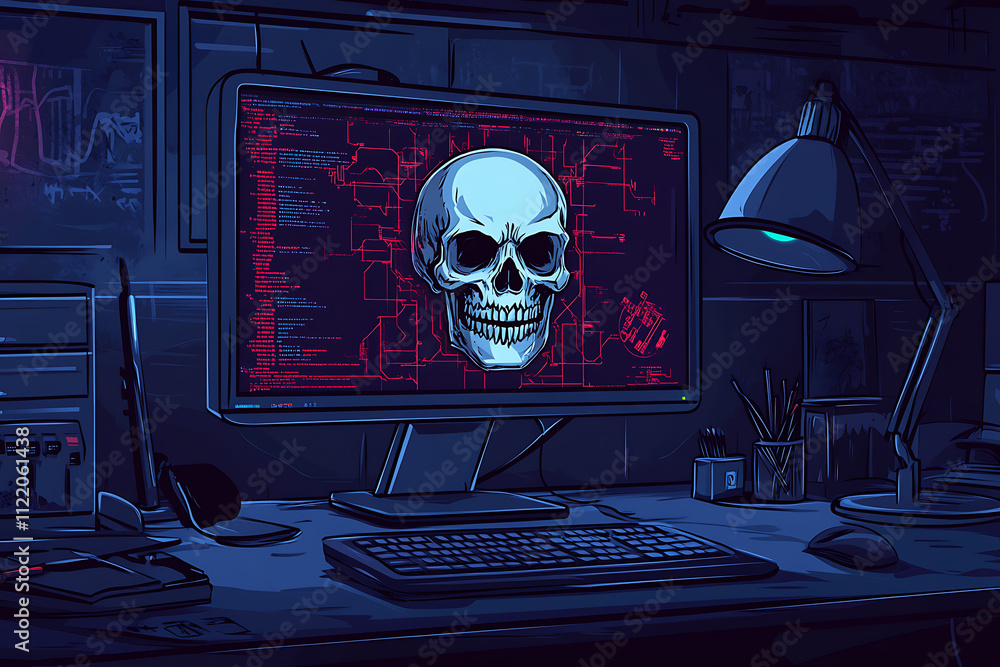 Poster a dark workspace featuring a computer displaying a skull graphic against a tech backdrop.