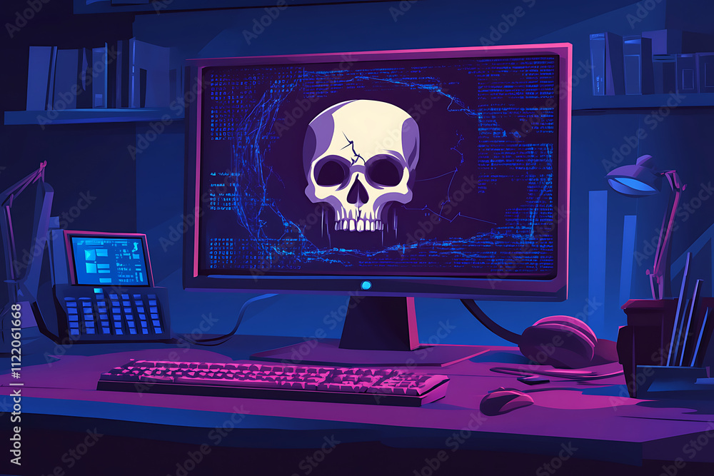 Poster a digital workspace featuring a monitor displaying a skull graphic in a tech-themed environment.