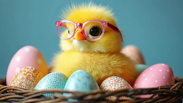 Funny Easter chick with colorful eggs
