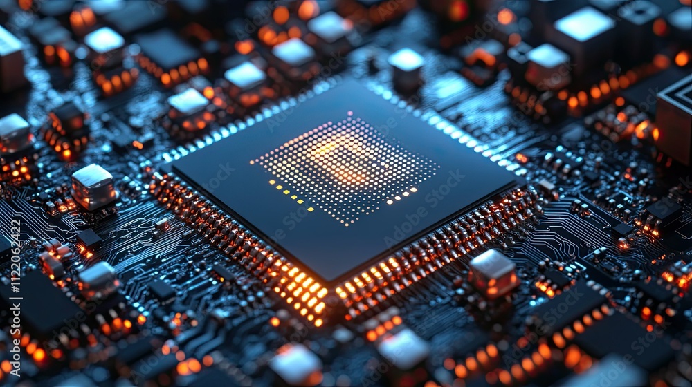 Aufkleber artificial intelligence micro chip with text on chip, generative ai illustration