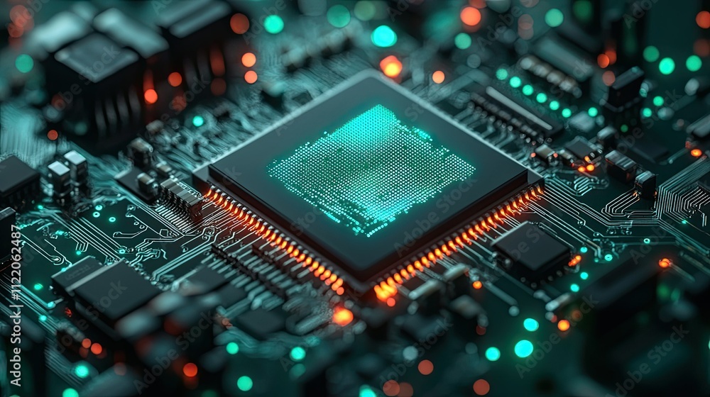 Poster artificial intelligence micro chip with text on chip, generative ai illustration