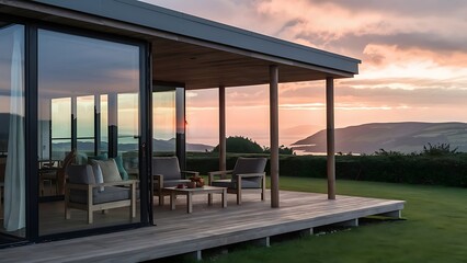 Wooden chairs and coffee table on porch near modern glass house with view on scenic landscape