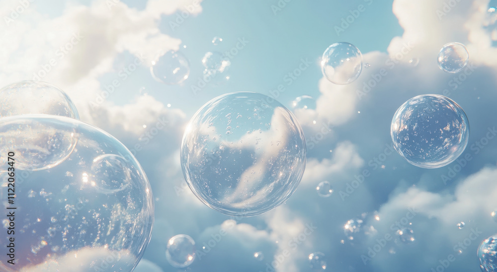 Poster 3d visualization of transparent soap bubbles floating in the air, creating an unearthly and dreamy a