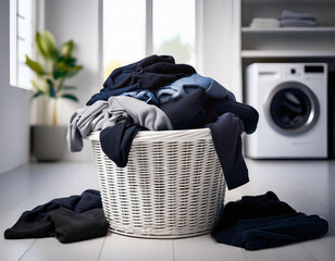 검은 빨래 세탁법과 빨래바구니에 쌓인 빨래더미