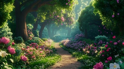 Fototapeta premium Through a vibrant landscape filled with blooming flowers, a tranquil garden path leads
