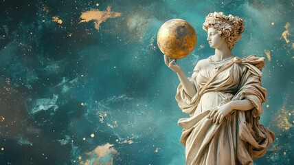 Obraz premium Marble statue of goddess holding globe, cosmic background