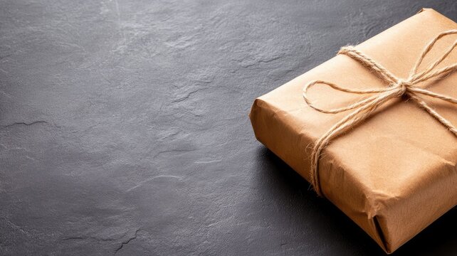 Brown paper package tied with string on dark stone surface