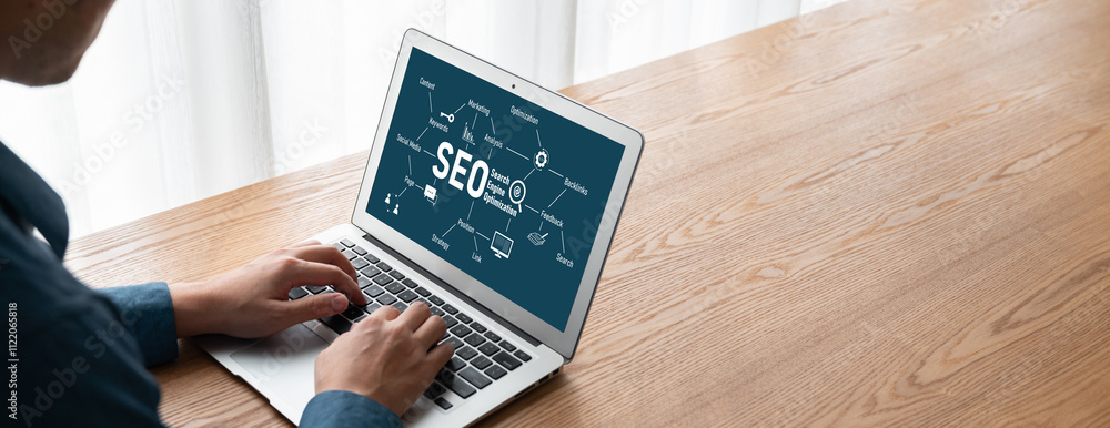 Poster seo search engine optimization for modish e-commerce and online retail business showing on computer 