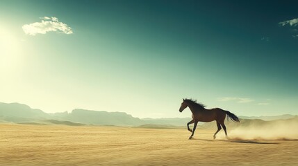A lone brown horse gallops across a vast, sandy desert landscape under a clear, bright sky.  The scene evokes a sense of freedom and wildness.