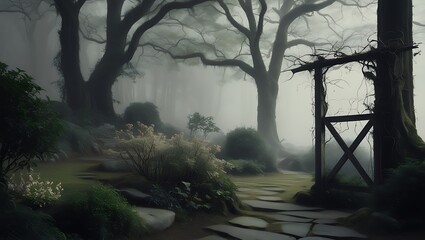 Obraz premium Foggy Forest Path Leads to Rustic Wooden Gate