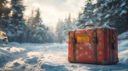 Suitcase ready for holiday adventures amidst a snowy backdrop. Ideal for travel brochures, holiday greeting cards, or social media posts celebrating the spirit of the season