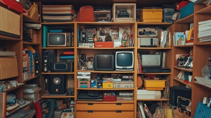 Crowded storage closet with shelves filled with assorted items, electronics, toys, and tools, creating a chaotic and cluttered environment