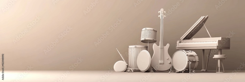 Poster this mockup showcases a 3d abstract design displaying musical instruments like a guitar, drums, and 