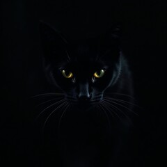 Obraz premium Mysterious black cat with glowing yellow eyes in a dark setting 