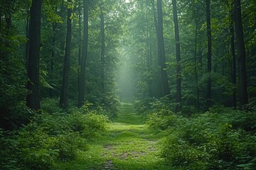 Obraz premium enchanted misty forest with towering trees, dappled light filtering through lush green foliage, and a sense of mystery enveloping this serene landscape in an ethereal atmosphere