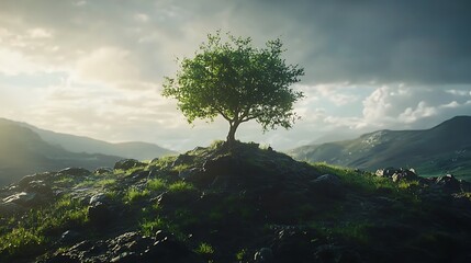 Obraz premium Solitary tree on rocky hilltop at sunset, scenic mountain view.