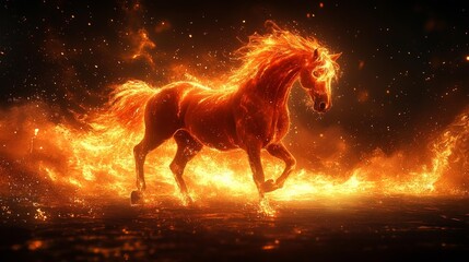 Fiery red horse with glowing clock for New Year countdown. Generative AI