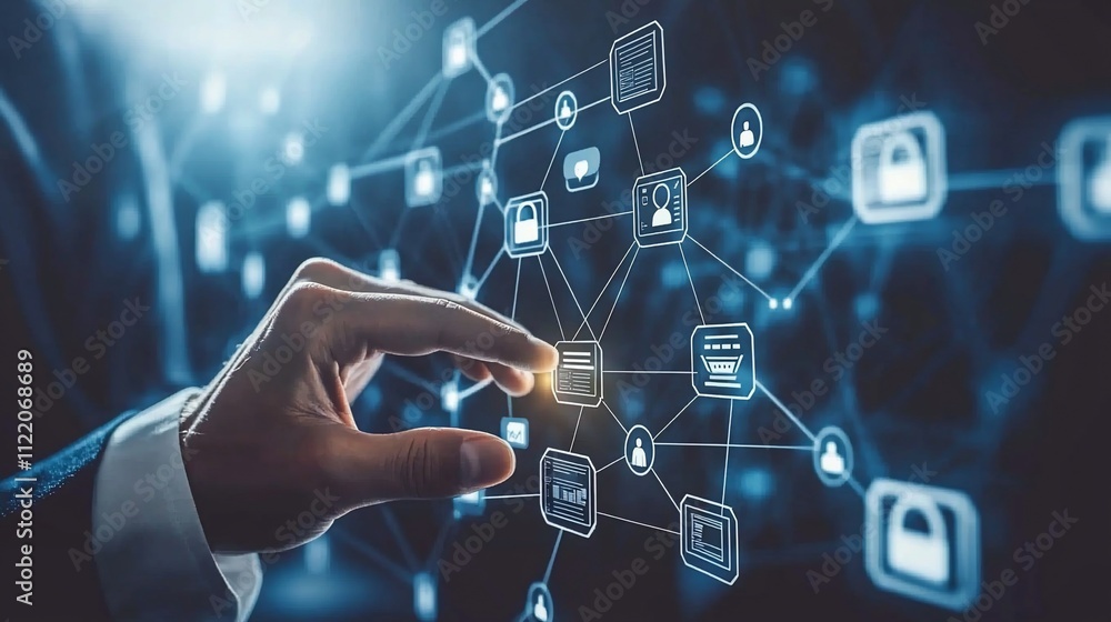 Aufkleber hand interacting with a digital network of interconnected data security icons.