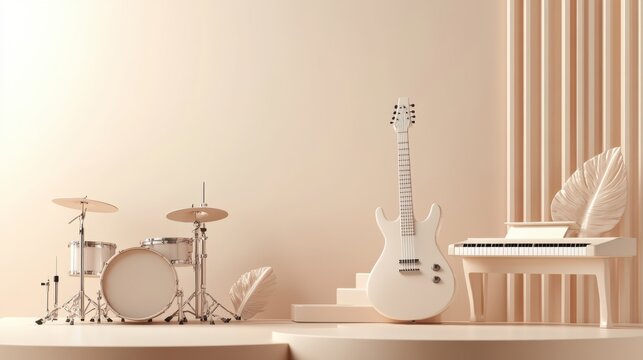 A stylish arrangement of a drum set, electric guitar, and piano set against a minimalist backdrop, allowing for versatile design applications. Generative AI