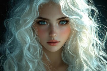 Fototapeta premium ethereal girl with glossy wavy white hair, her long blonde locks cascading against a dark, moody background, exuding beauty and elegance in a digital portrait