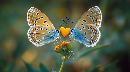 Folded wings create a heart: Butterflies on a stem.