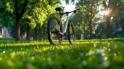 Naklejka premium Sustainable transport concept with bicycle in a green park. Generative AI