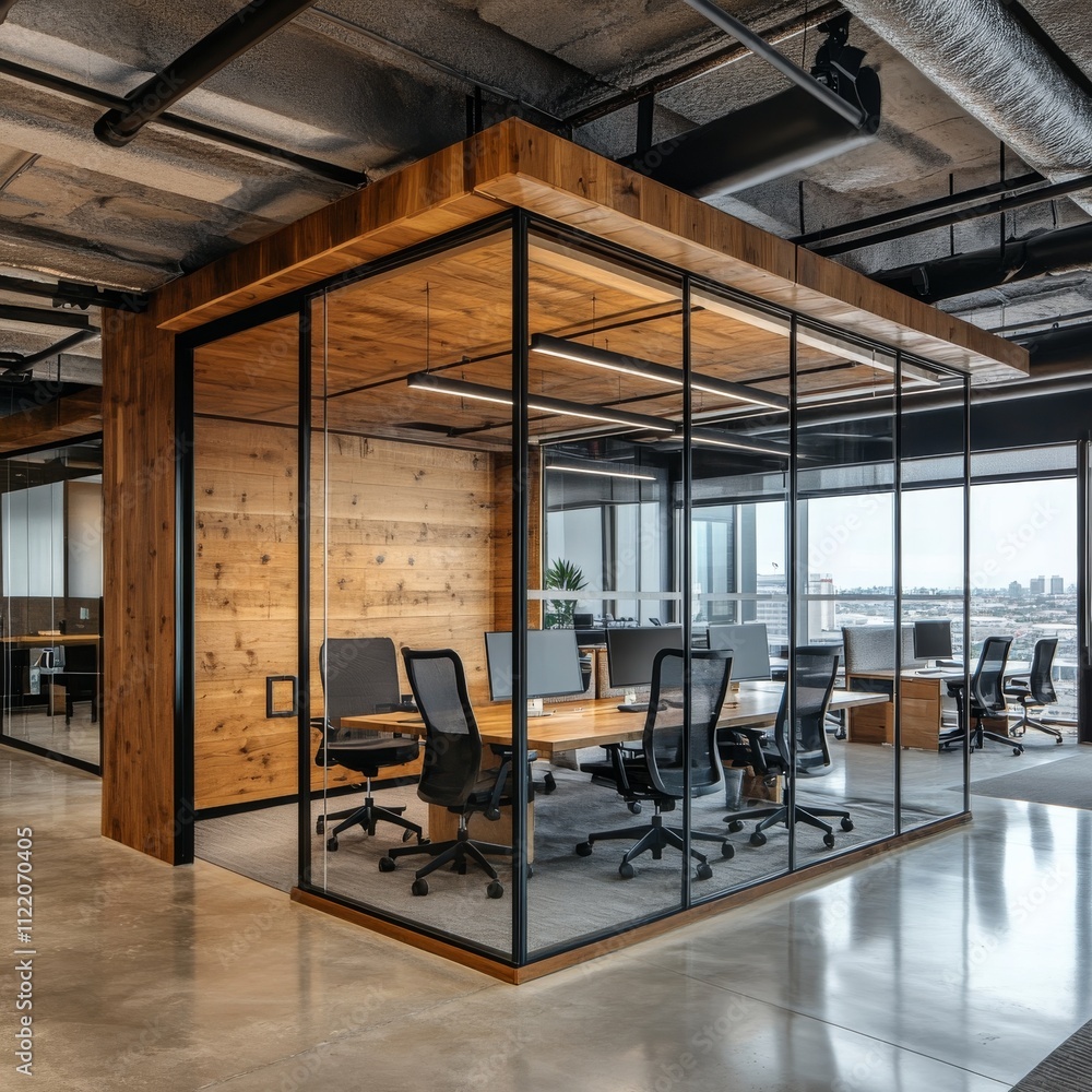 Poster dark and wooden office interior corridor with glass rooms, conference and coworking zone with pc com