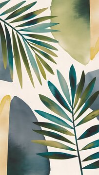 Fototapeta Abstract geometric watercolor palm leaf poster. Modern minimal illustration with palm leaf and hand drawn texture for minimalist print, cover, boho wall decor, mid century design, trendy art