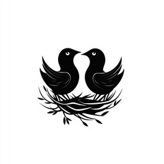 Obraz premium Two birds in a nest, facing each other, black silhouette on white background.