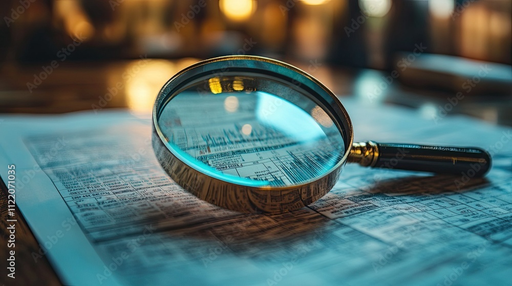 Poster magnifying glass placed on financial documents with charts and graphs, highlighting data analysis