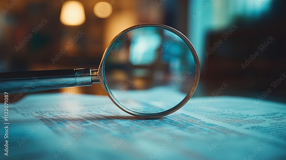 Poster magnifying glass placed on financial documents with charts and graphs, highlighting data analysis