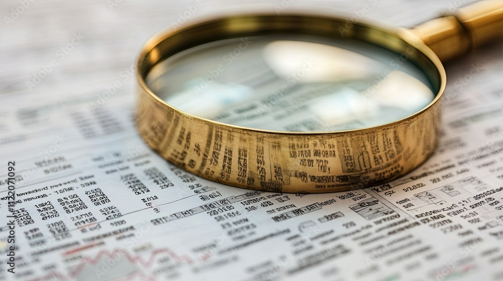 Poster magnifying glass placed on financial documents with charts and graphs, highlighting data analysis