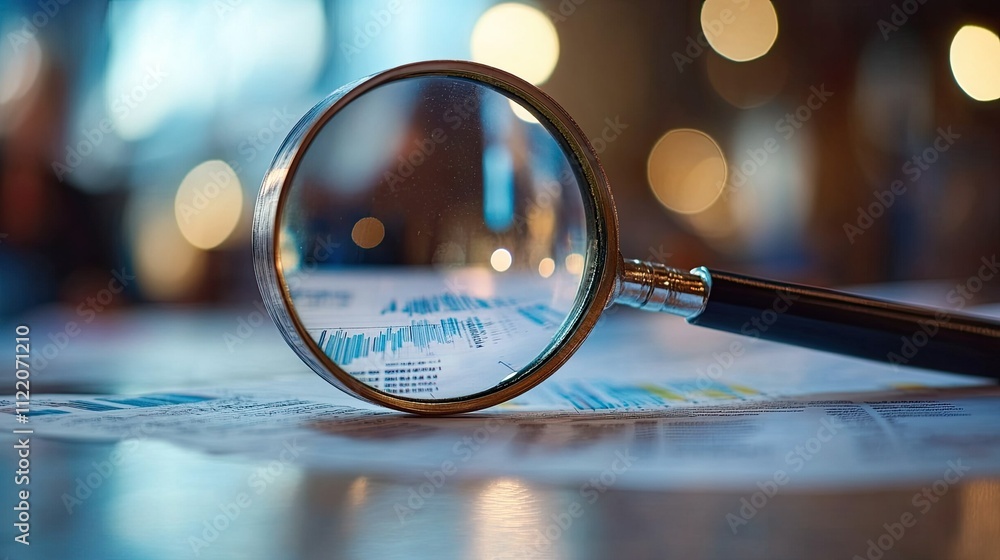 Poster magnifying glass placed on financial documents with charts and graphs, highlighting data analysis --
