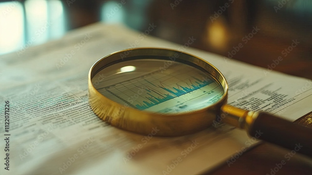 Poster magnifying glass placed on financial documents with charts and graphs, highlighting data analysis