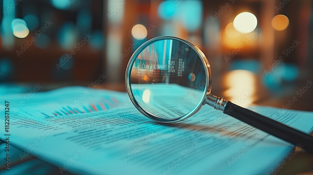 Poster magnifying glass placed on financial documents with charts and graphs, highlighting data analysis