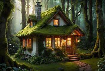 Obraz premium Enchanting moss-covered cottage nestled in a mystical forest.