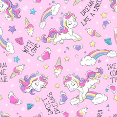 Fashionable seamless pattern cute unicorn. Cartoon character. Rainbow. Print for clothes and fabric.