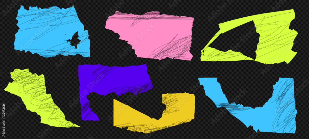 Aufkleber torn grain color paper pieces with scribbles, vector scrap edges at the transparent bg as a png. abs