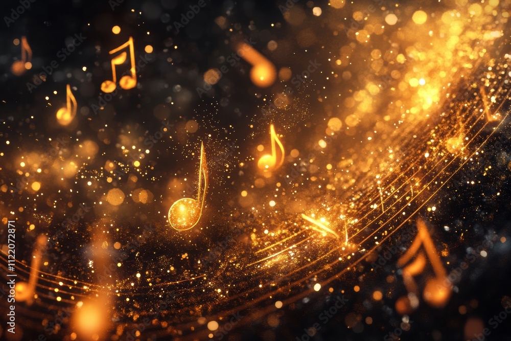 Poster the composition features floating musical notes in a golden hue, illuminated by sparkling lights, cr